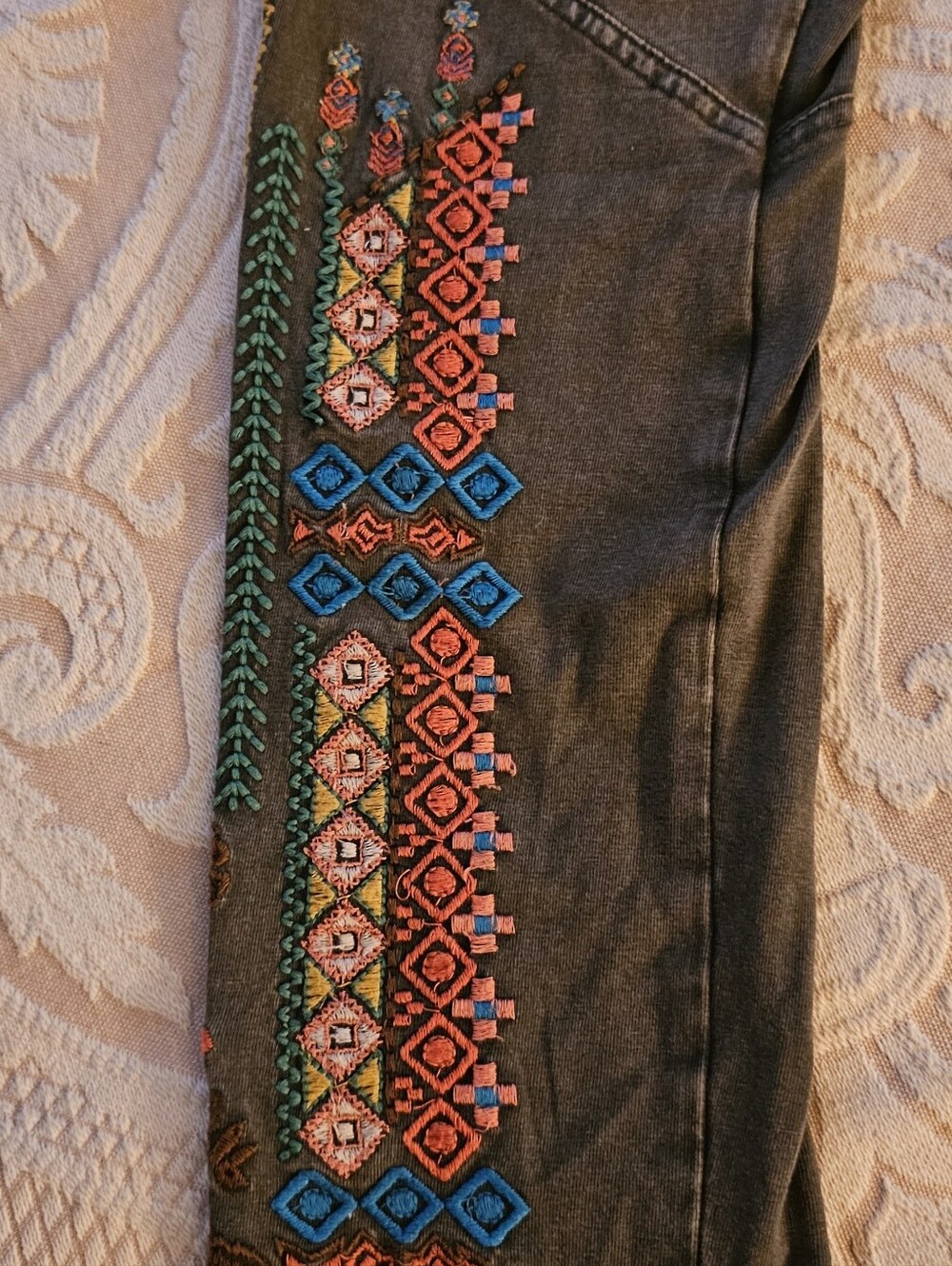 Sundance Olive Green Artists Leggings Floral Embroidered Women's Large - Picture 2 of 6